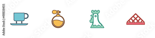Set Coffee cup, Perfume, French rooster and Louvre museum icon. Vector.
