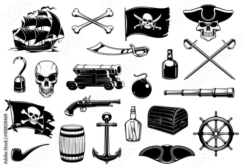 Pirate icons of skull, chest treasure map and ship, vector. Caribbean island pirate sword, hook hand and cannon, piracy captain rum and Merry Roger flag, nautical, compass, anchor and pistol gun