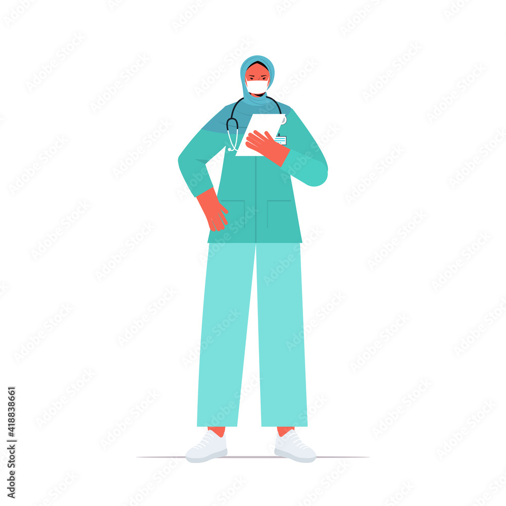 arab female doctor in uniform wearing mask to prevent coronavirus pandemic labor day celebration concept full length isolated vector illustration arab female doctor in uniform wearing mask to prevent coronavirus pandemic labor day celebration concept full length isolated vector illustration