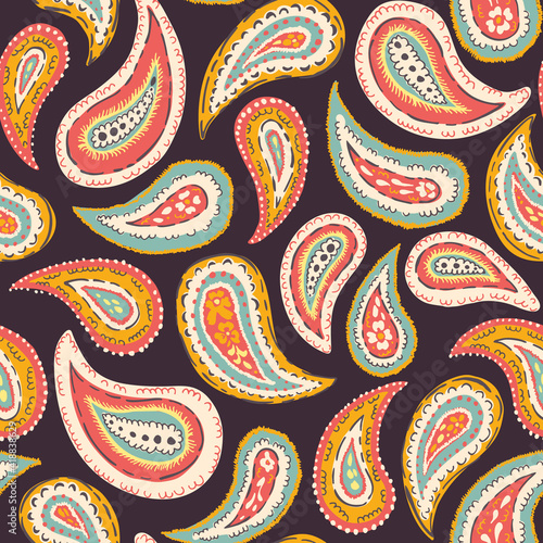Hand-Drawn Artistic Colorful Paisley Vector Seamless Pattern. Boho Traditional Ethnic Fashion Shawl Print. Painterly Doodle Folk Foulard Texture Background