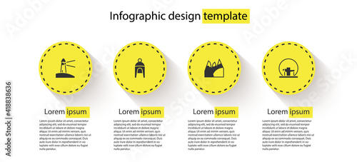 Set Lighthouse, Winter hat, Mountains and Montreal Biosphere. Business infographic template. Vector.