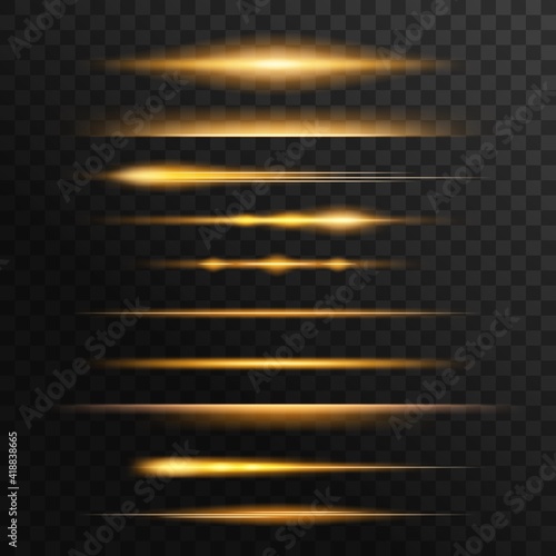 Fiery light flares, glowing sunbeams or rays effect set. Energy burst, flying comet or burning meteorite tale, sunset shine edge 3d realistic vector. Magical shine, fantasy glow lines design element
