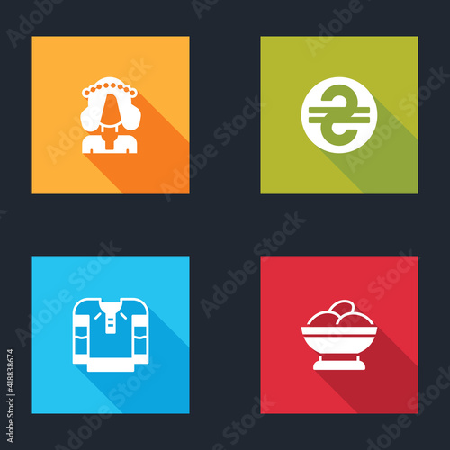 Set Ukrainian woman, hryvnia, Embroidered shirt and Varenyky bowl icon. Vector.