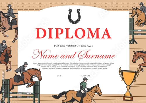 Horse race winner diploma, certificate vector template. Stallion racing award border design with horse riders on hippodrome. Victory celebration diploma for participation or best result achievement