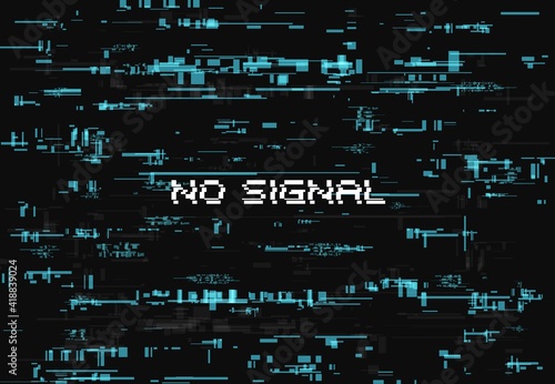 Glitch effect for no signal screen page. Abstract vector background with blue glitched random elements on black backdrop. Vintage poster with digital noise distortion, messy and noisy pixels pattern