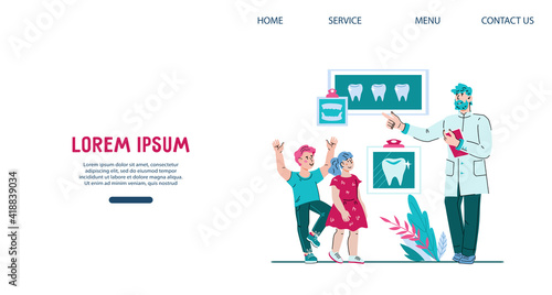 Website template with children in dental clinic meeting dentist, cartoon vector illustration. Landing web page interface for dentistry and kids stomatology medicine.