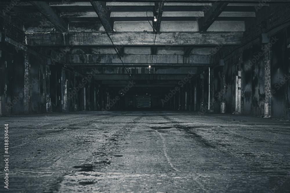 old abandoned building. scary dark underground parking. - obrazy, fototapety, plakaty 