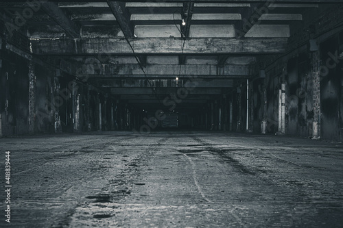 old abandoned building. scary dark underground parking.