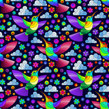 Seamless pattern with bright Hummingbird birds, clouds and flowers, bright birds on a dark background
