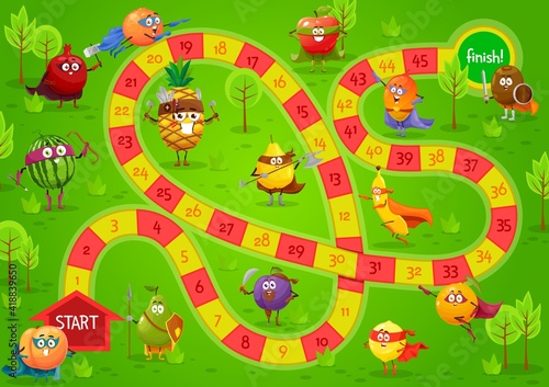 Kids board game vector template, step boardgame with block path, numbers, start, finish and cartoon fruits fairytale and super hero characters. Educational children riddle, family, preschool activity