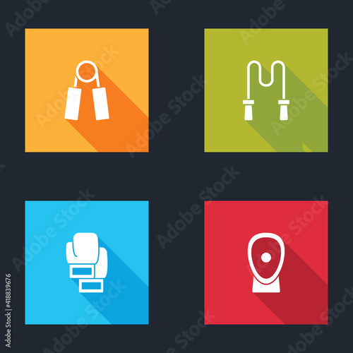 Set Sport expander, Jump rope, Boxing glove and training paws icon. Vector.