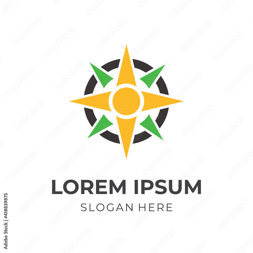 Obraz premium compass logo vector with flat yellow and green color style
