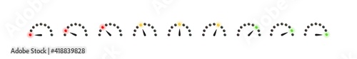 Gauge measure scale collection with red yellow and green lights from low to hight, good and poor scale with arrow vector indicator illustration.