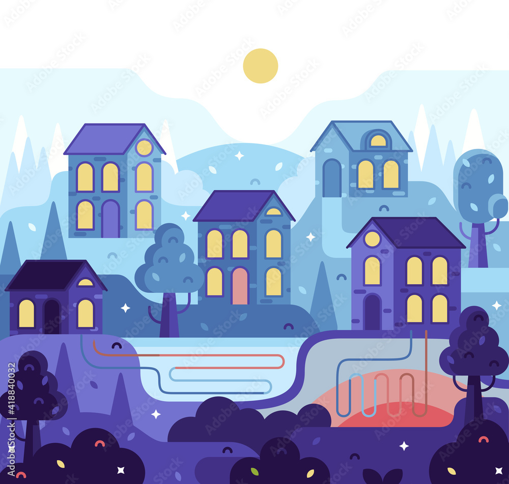 Fototapeta premium Eco village with Geothermal Energy, flat cartoon illustration, energy home concept
