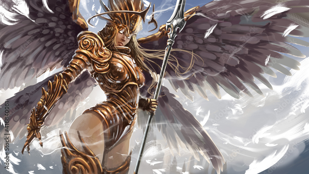 A beautiful angel woman, a warrior, with a long spear, she wears chased  plate armor with