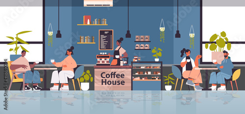 female barista in uniform working in coffee house waitress in apron making coffee for mix race clients modern cafe interior horizontal full length vector illustration