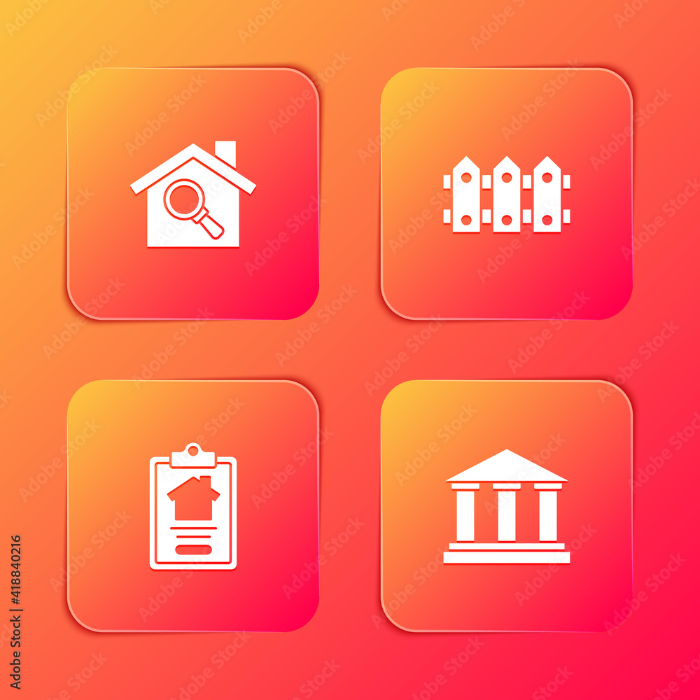 Set Search house, Garden fence wooden, House contract and Museum building icon. Vector. Set Search house, Garden fence wooden, House contract and Museum building icon. Vector.