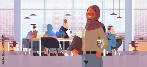 arab businesswoman leader standing in front of arabic businesspeople team leadership concept modern office interior horizontal portrait vector illustration