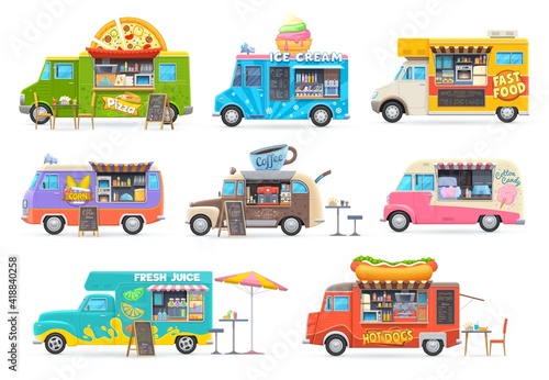 Food trucks isolated vector cars, cartoon vans for street food selling. Cafe restaurant on wheels, transportation with fastfood chalkboard menu, pizza, ice cream, pop corn and coffee or juice trucks