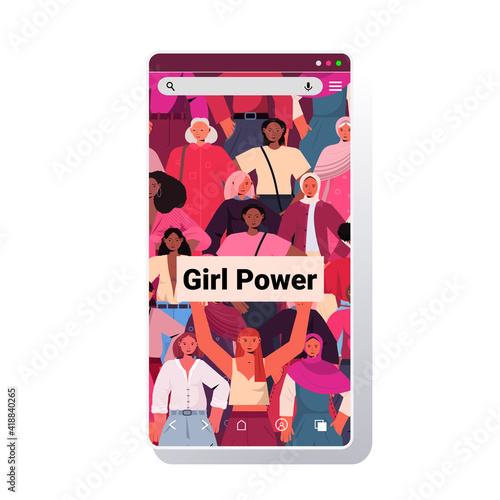 mix race girls standing together female empowerment movement women's power union of feminists concept smartphone screen vector illustration