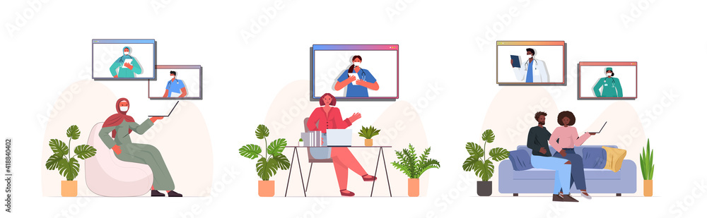 set mix race people discussing with doctors in web browser windows during video call online medical consultation coronavirus quarantine self isolation concept horizontal vector illustration