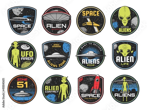 Alien zone, ufo area and space shuttles vector retro icons. Extraterrestrial comer with green skin and huge eyes. Space journey labels with spaceship in outer cosmos, saucers in sky, alien contact