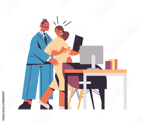 businessman molesting female employee sexual harassment at workplace businesswoman feeling disgusted horizontal full length vector illustration