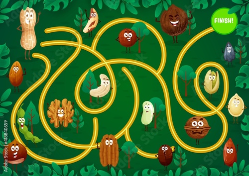 Kids game maze with nuts cartoon characters. Child labyrinth with smiling peanut, almond and coconut, walnut, pumpkin and sunflower seed vector. Kindergarten game, exercise with finding path in garden