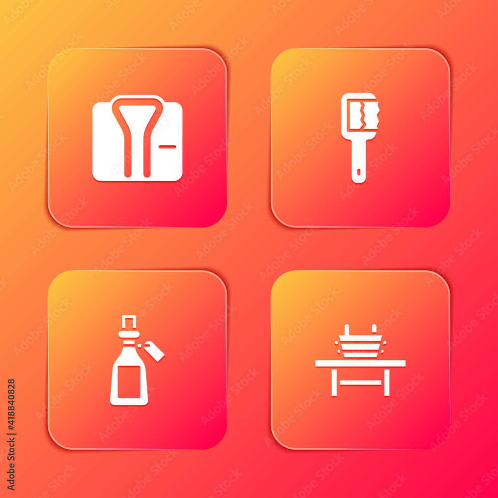 Set Bathrobe, Sauna brush, Essential oil bottle and bench with bucket icon. Vector. Set Bathrobe, Sauna brush, Essential oil bottle and bench with bucket icon. Vector.