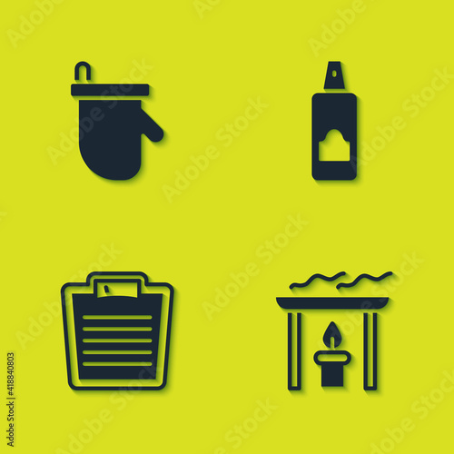 Set Sauna mittens, Aroma candle, Bathroom scales and Spray for hairspray icon. Vector.