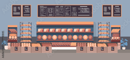 modern baking shop interior different bakery pastry products on shelves flat horizontal vector illustration