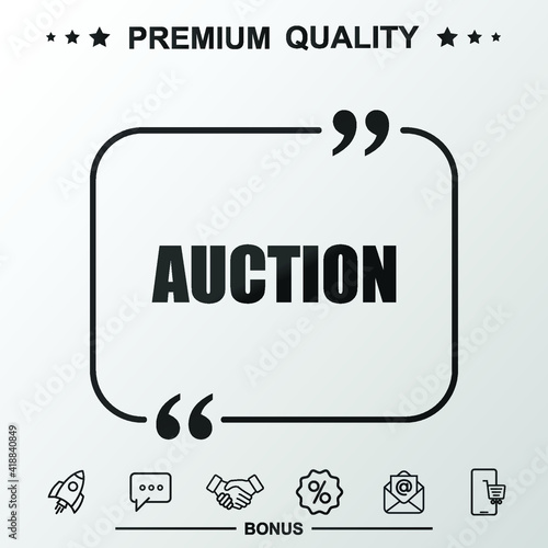 Auction word icon. Text inside quote symbol.
