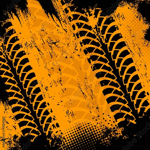 Offroad grunge tyre prints, vector grungy orange abstract pattern on black background. Auto rally or motocross dirty tires print, off road trails texture for racing tournament or garage service design