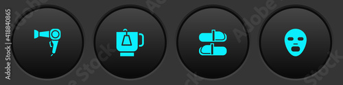 Set Hair dryer, Cup of tea with tea bag, Sauna slippers and Facial cosmetic mask icon. Vector.