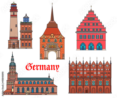 Germany landmarks architecture, German cities Rostock and Greifswald buildings, vector. Germany landmarks of Stralsund rathaus, Rugen island lighthouse, St Nikolai cathedral and Steintor gates photo