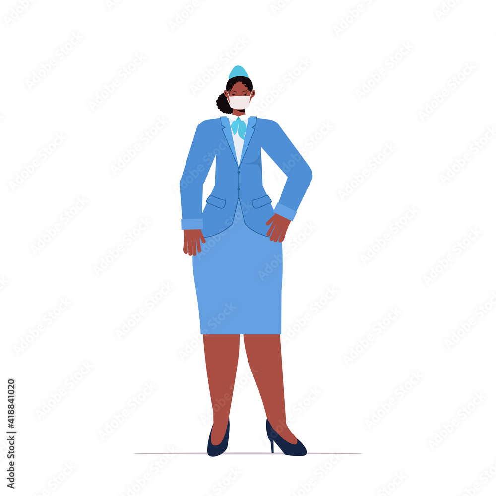 african american stewardess in uniform wearing mask to prevent coronavirus pandemic labor day celebration concept full length vector illustration