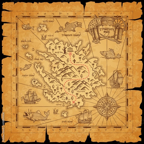 Pirate treasure island ancient map. Route dotted line among mountains, mark for chest with treasures and sailing in ocean caravels, sea monsters on piece of parchment paper with torn sides vector