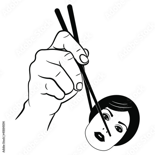 Human hand holding pretty female face with chopsticks. Creative social concept for devouring beauty. Male exploitation and abuse of women. Black and white silhouette.