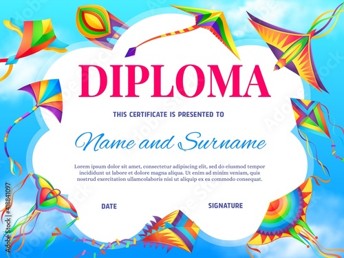 School education diploma vector template with cartoon kites flying in blue cloudy sky. School or kindergarten student certificate frame for participation in kitesurfing festival with bright kites