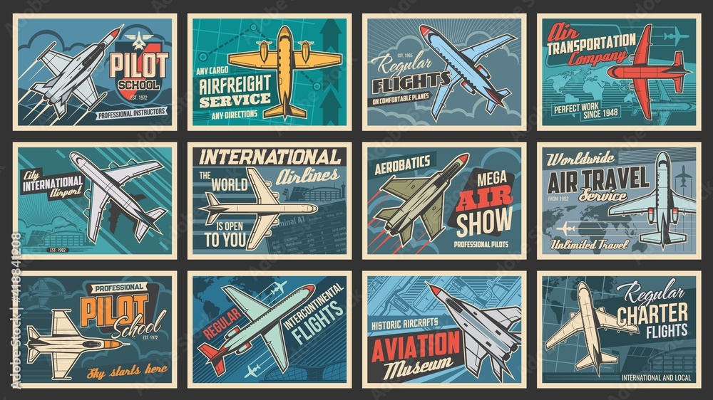 Plane and aviation retro posters, pilot school and aircraft flights, vector. Airplane museum show, aviators academy and air travel service for intercontinental flights and transportation company - obrazy, fototapety, plakaty 