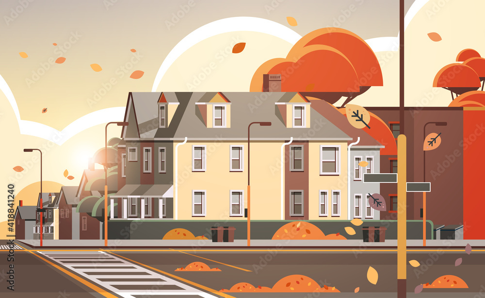 city facade buildings empty no people urban street real estate houses exterior sunset autumn cityscape background horizontal vector illustration