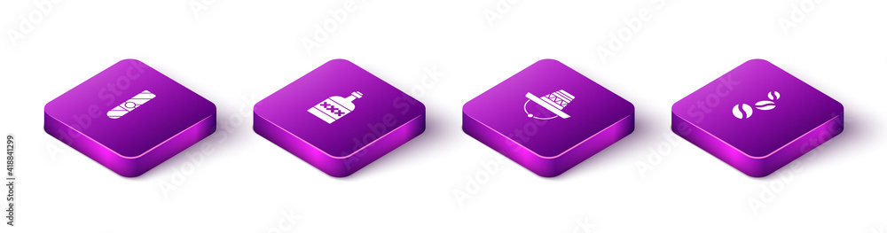 Set Isometric Cigar, Tequila bottle, Mexican sombrero and Coffee beans icon. Vector. Set Isometric Cigar, Tequila bottle, Mexican sombrero and Coffee beans icon. Vector.