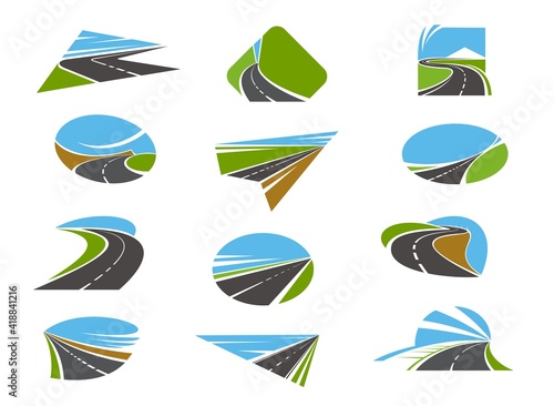 Road icons, highway and pathway routes with traffic ways, vector. Road construction, repair and maintenance industry, bridge and tunnels building, transport and logistics or travel company symbols
