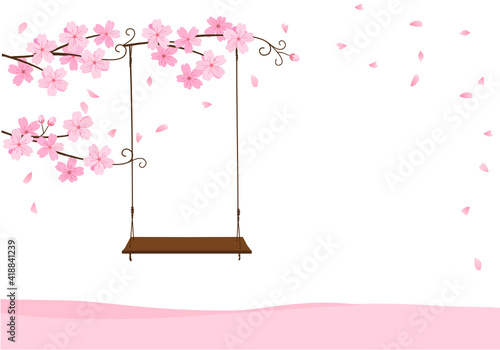 Pink Sakura flowers branch and swing on a white background vector illustration.