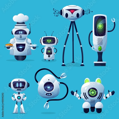 Cartoon robots vector icons, cute cyborg characters, toys or bots, artificial intelligence technology. Friendly robots on wheels with long arms and digital faces, chef with food on tray, isolated set