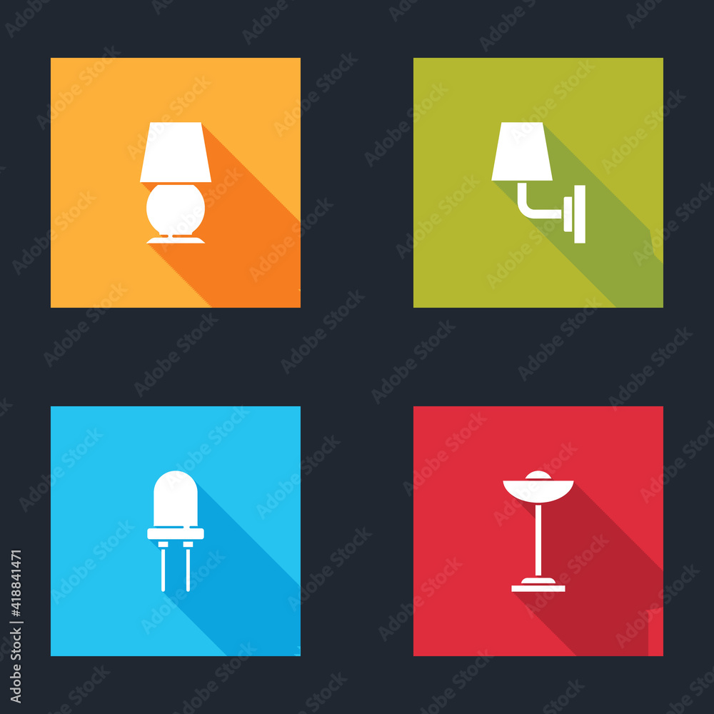Set Table lamp, Wall or sconce, Light emitting diode and Floor icon. Vector. Set Table lamp, Wall or sconce, Light emitting diode and Floor icon. Vector.