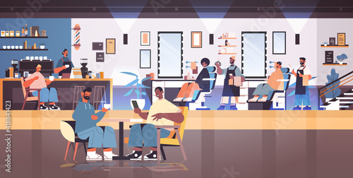 hairdressers barbers in uniform cutting hair of mix race clients trendy haircut concept barbershop interior full length horizontal vector illustration
