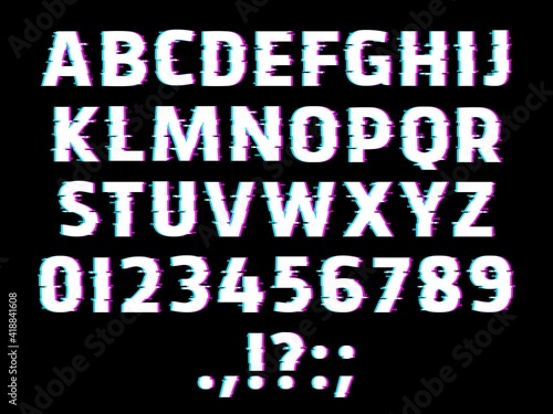 Glitch type font, glowing vector alphabet letters, ripple digits and punctuation marks isolated on black background. Distorted glitched effect glow abc uppercase characters, retro style signs set