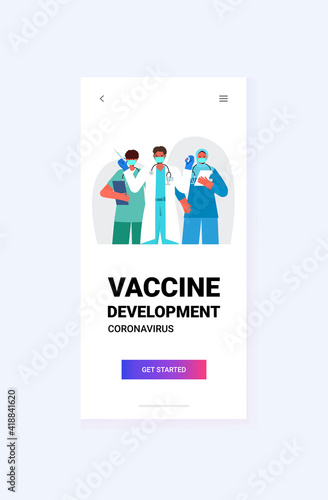 doctors team in medical masks holding syringe and bottle vial coronavirus vaccine development medical immunization campaign concept vertical portrait vector illustration