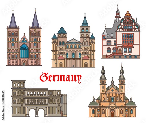 Germany landmarks architecture in Trier and Fulda German cities, vector. Landmark buildings of Saint Peter cathedral, Limburg rathaus, Porta Nigra city gates and St Viktor dom in Xanten